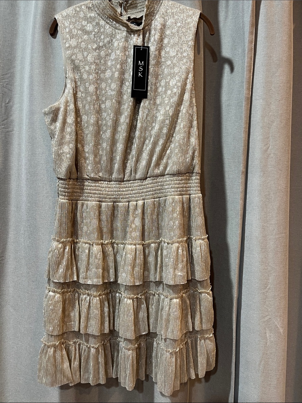 MSK Metallic Cream Tiered Ruffle High-Neck Dress size XL